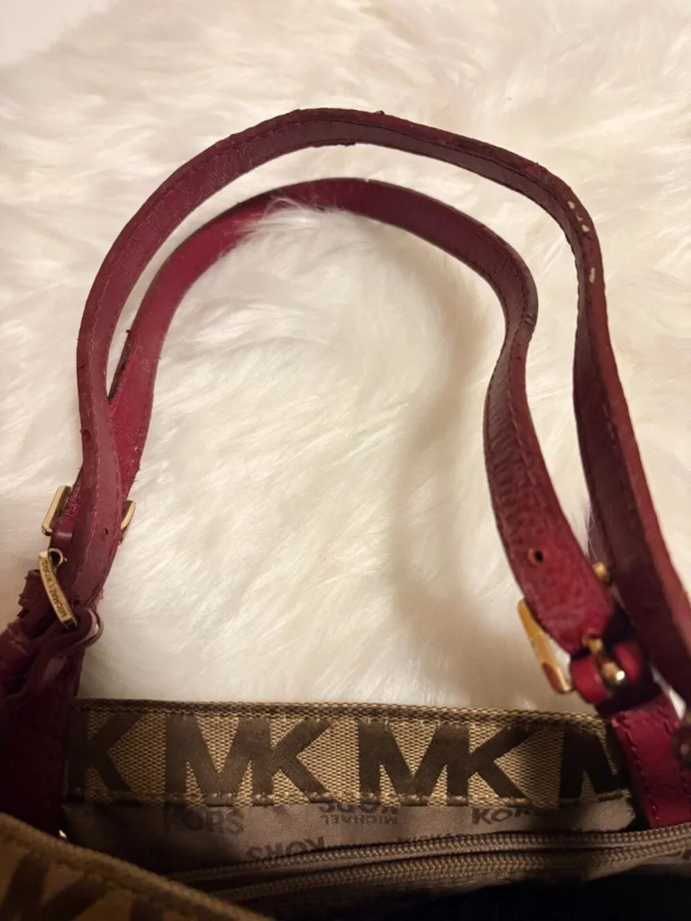 Michael Kors Jet Set Signature Logo Canvas Tote Khaki Burgundy MK Charm
